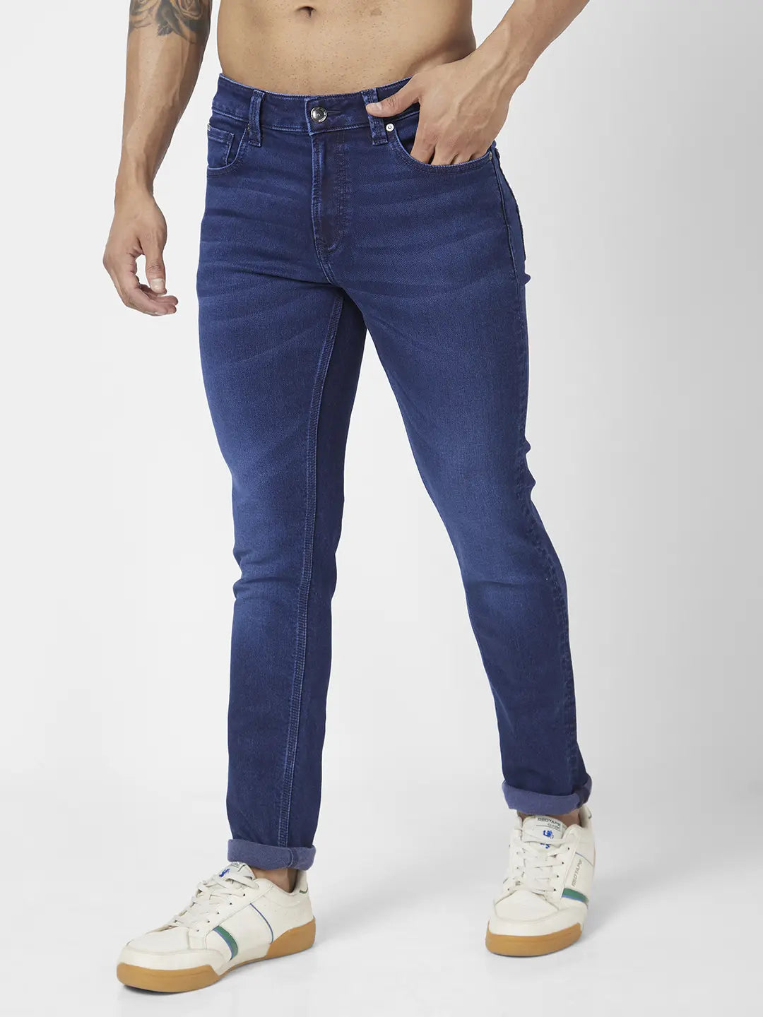 Spykar Men Dark Blue Cotton Stretch Slim Fit Narrow Length Clean Look Low Rise Jeans (Skinny)