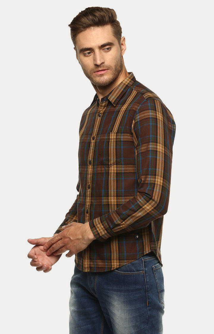 Spykar Men'S Brown Cotton Checked Casual Shirts