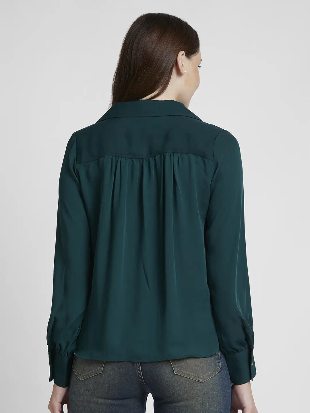 Spykar Women Dark Green Polyester Regular Fit Full Sleeve Plain Shirt
