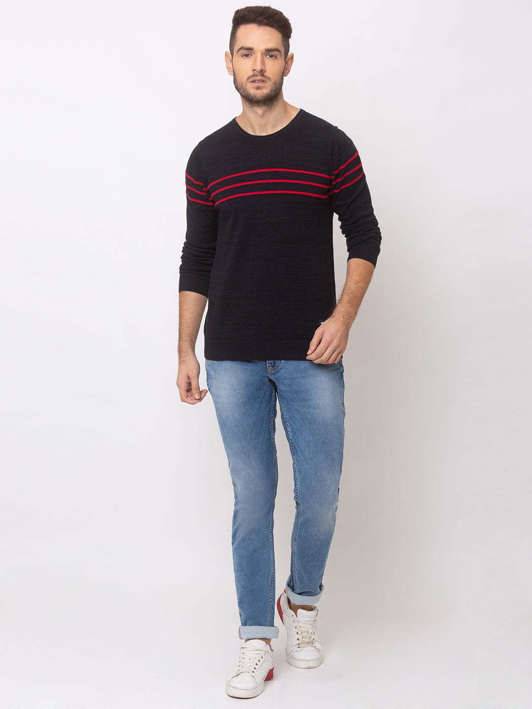 Spykar Men Navy Blue Red Cotton Regular Fit Sweater