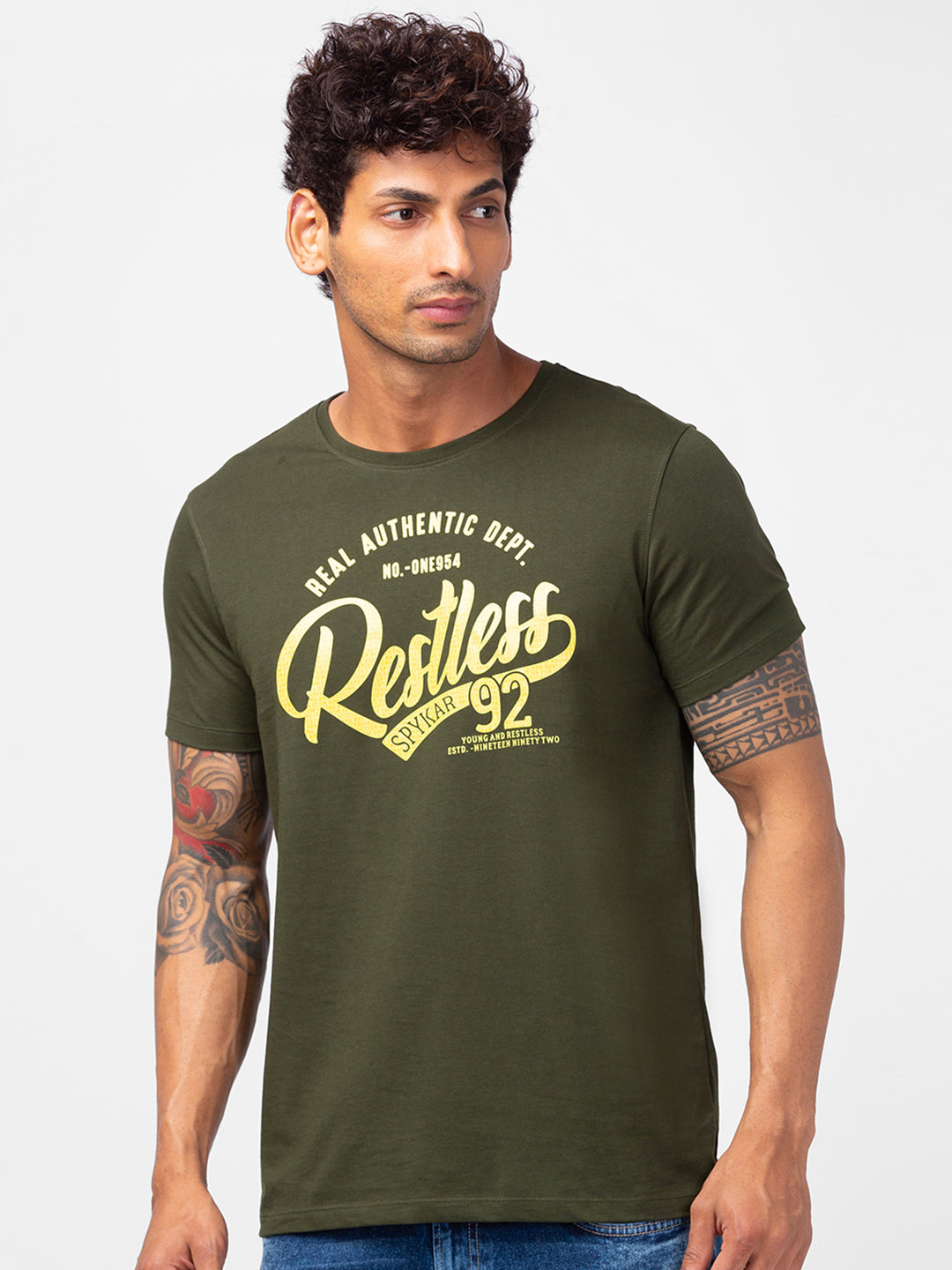 Spykar Men Olive Green Cotton Slim Fit Round Neck Printed T-Shirt