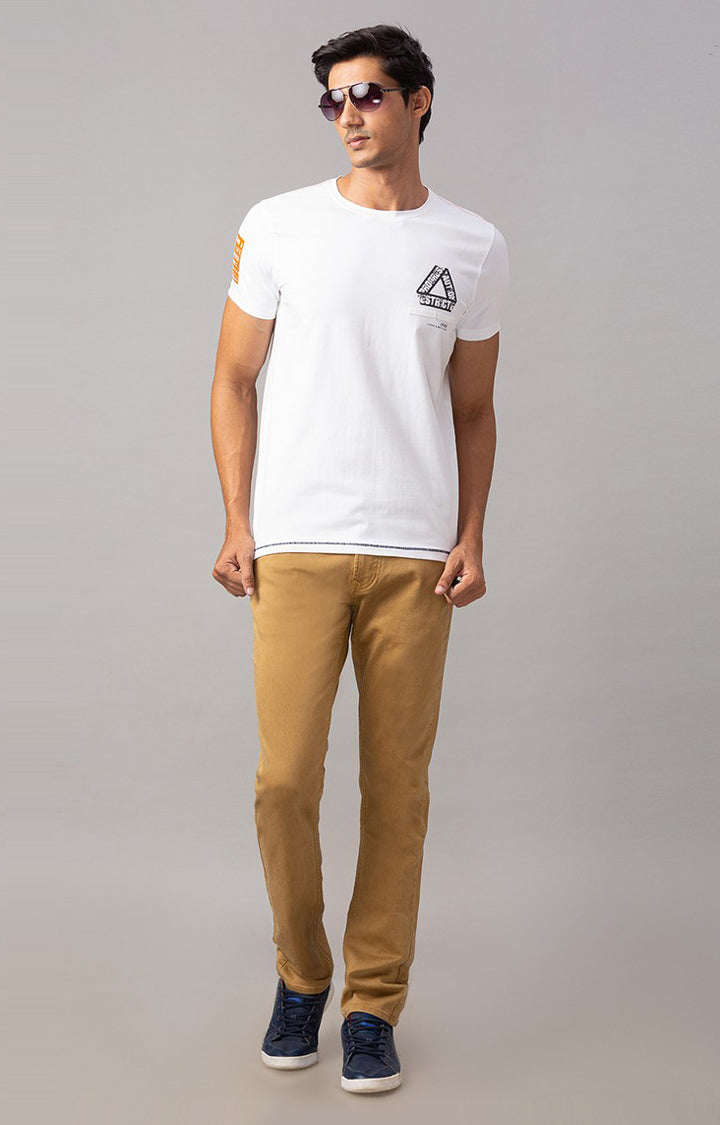 Spykar White Cotton Slim Fit T-Shirt For Men