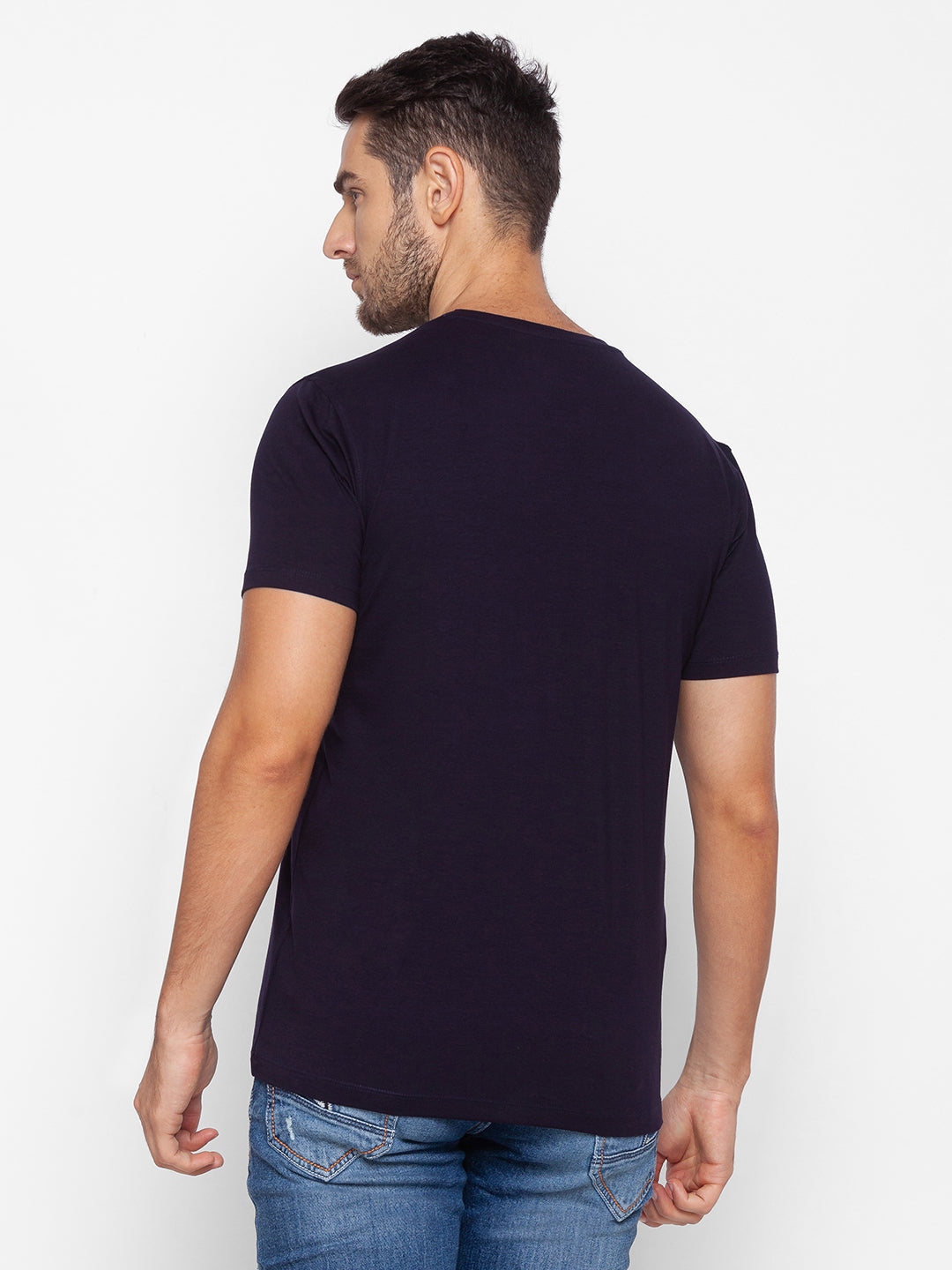 Spykar Men Blue Cotton Slim Fit Round Neck T-Shirt