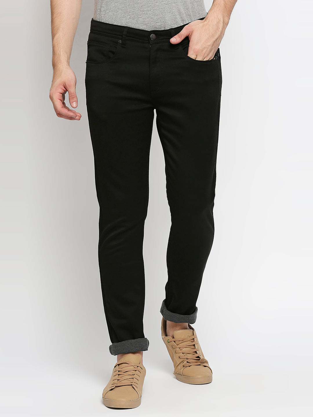 Spykar Men Black Cotton Slim Fit Casual Trousers