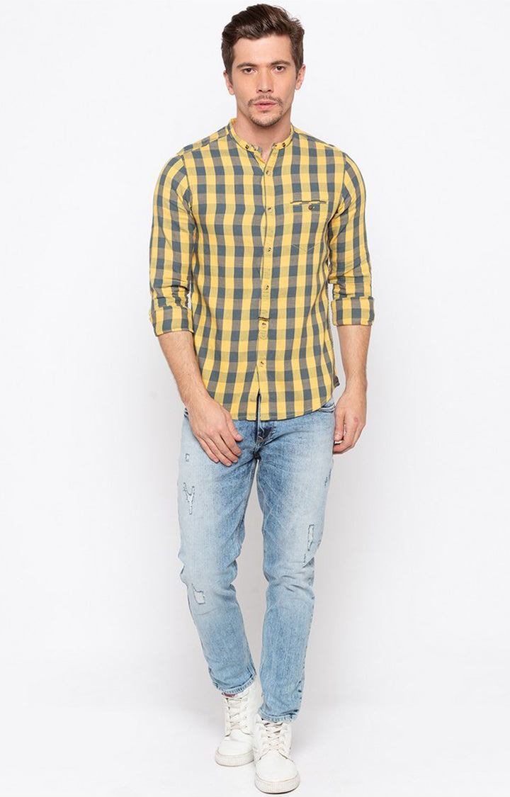 Spykar Men Yellow Cotton Slim Fit M and arin Collar Checkered Shirts