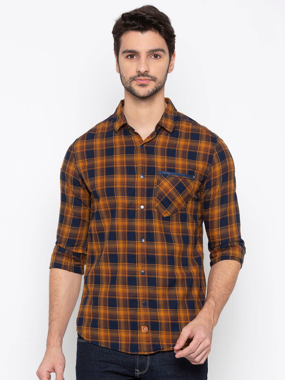 Spykar Men Khaki Checked Slim Fit Casual Shirt