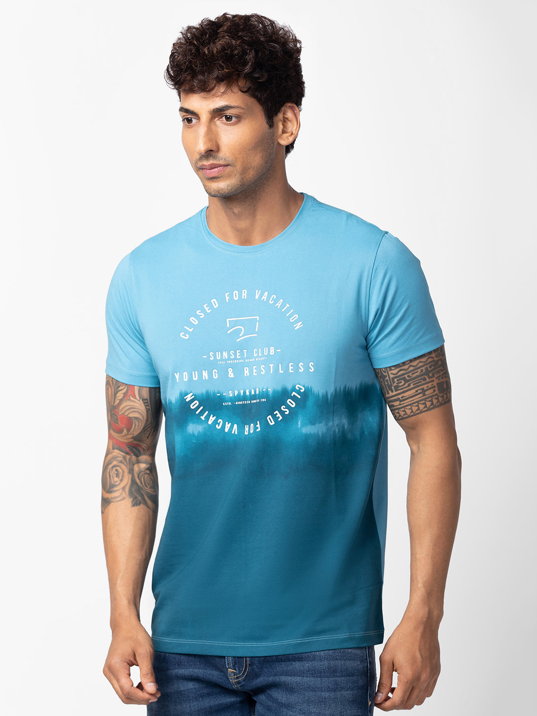 Spykar Men Haze Blue Cotton Regular Fit Half Sleeve Printed T-Shirt