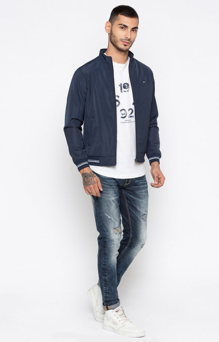 Spykar Men Navy Solid Regular Fit Bomber Jacket