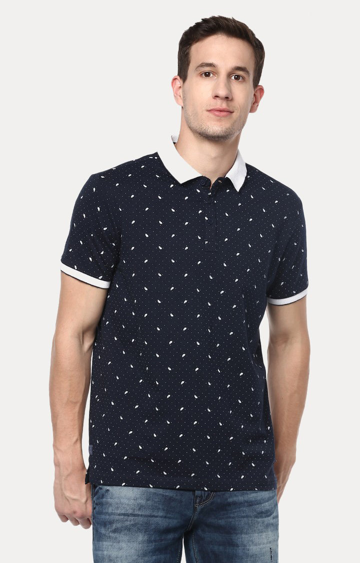 Spykar Navy Blue Printed Slim Fit Polo T-Shirt