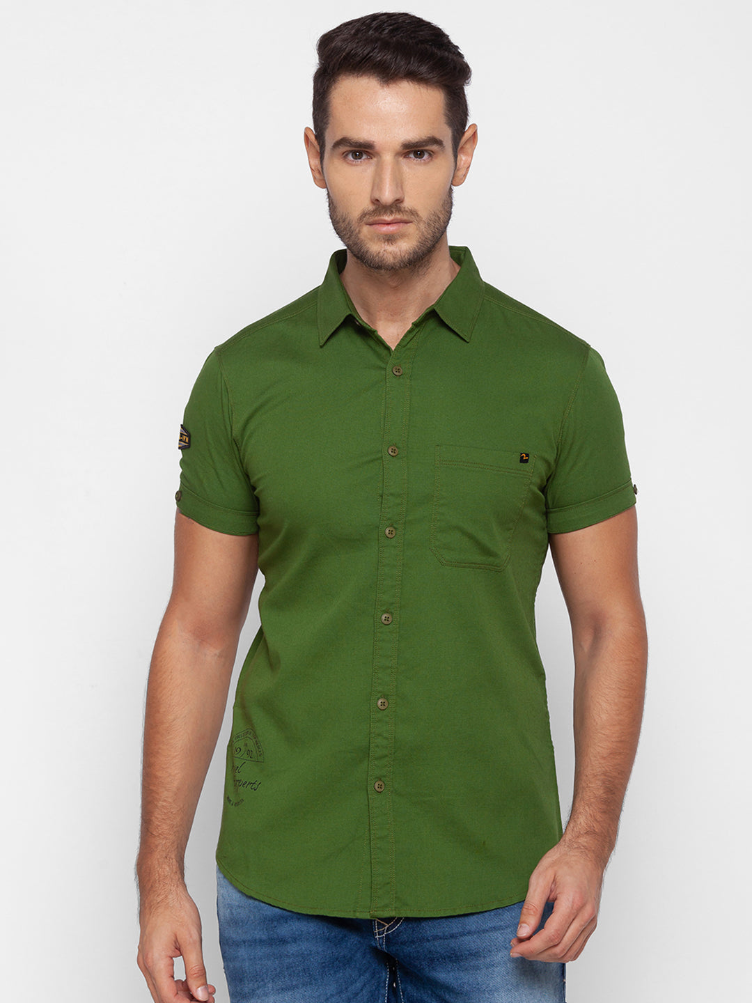 Spykar Slim Fit Green Cotton Men Shirt