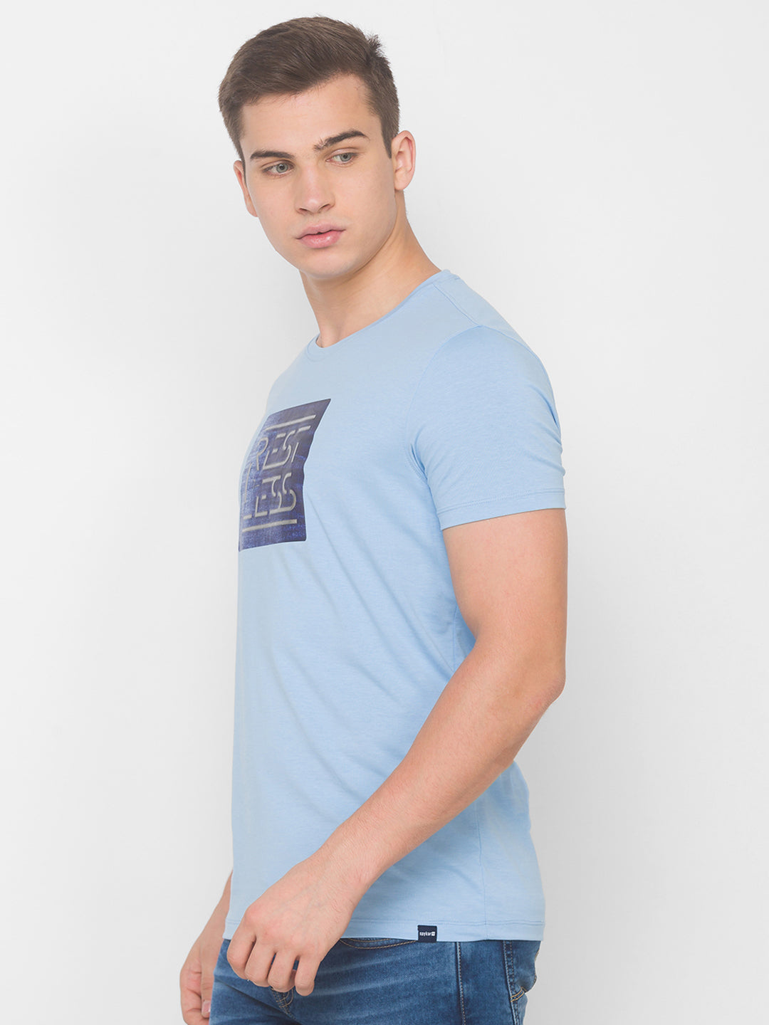 Spykar Men Blue Cotton Blend Slim Fit Round Neck T-Shirt