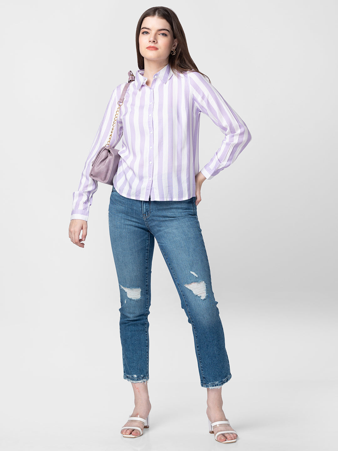 Spykar Women Lilac Cotton Slim Fit Striped Shirts