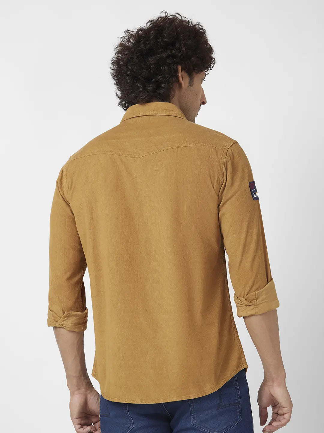 Spykar Men Camel Khaki Dyed Regular Slim Fit Full Sleeve Denim Shirt