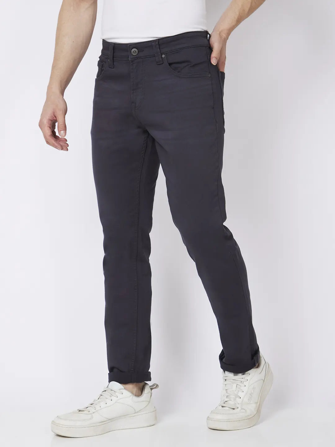 Spykar Men Dark Grey Cotton Stretch Slim Fit Narrow Length Clean Look Low Rise Jeans (Skinny)
