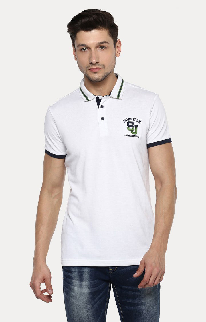 Spykar White Solid Slim Fit Polo T-Shirt