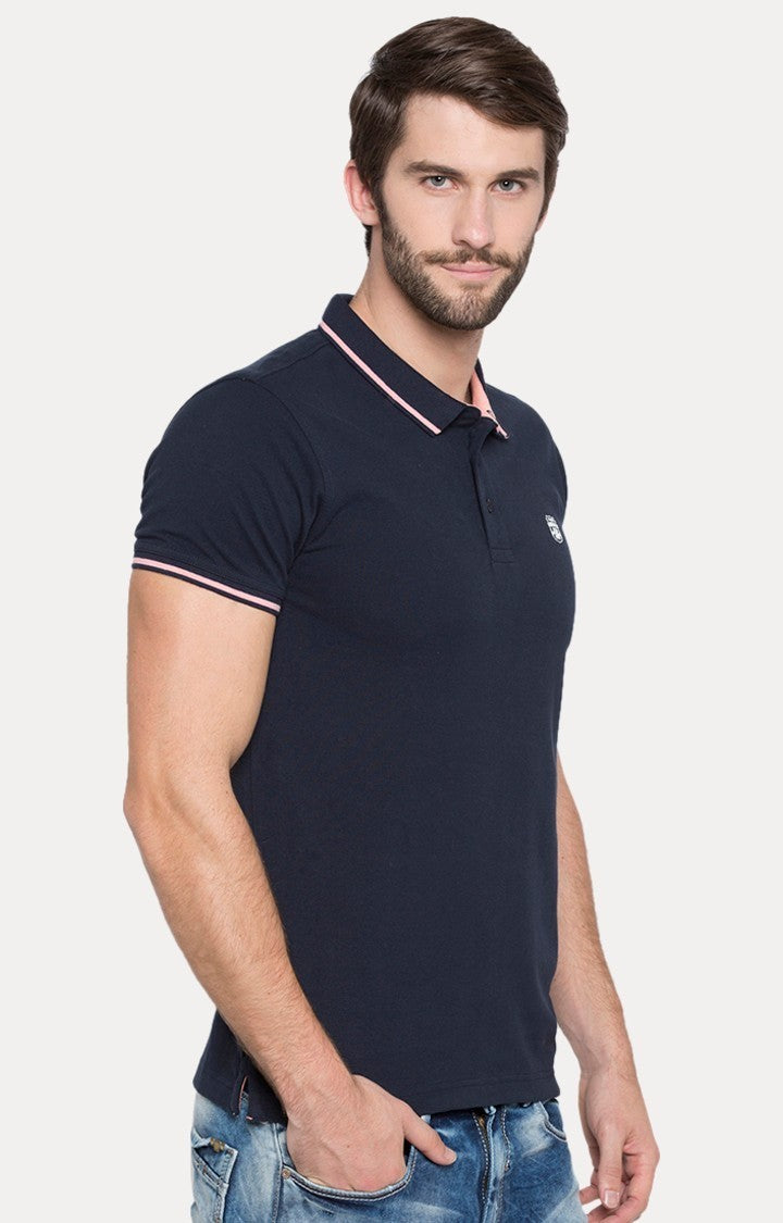 Spykar Blue Solid Slim Fit Polo T-Shirt