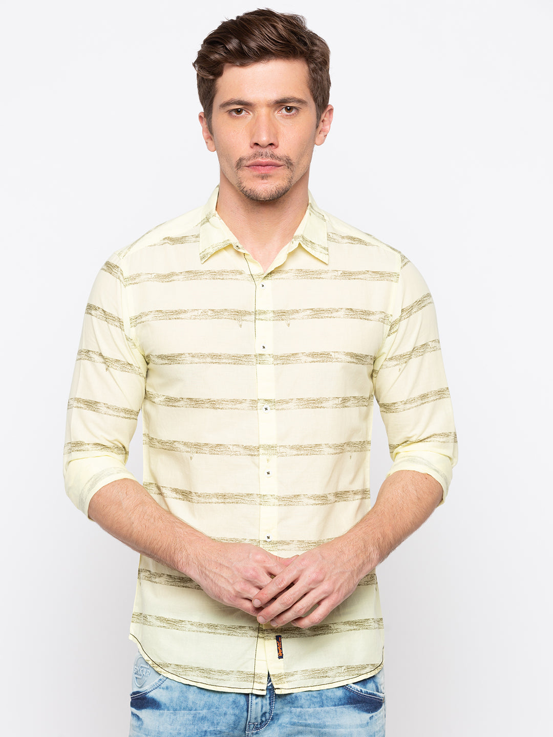 Spykar Men Yellow Striped Slim Fit Casual Shirt