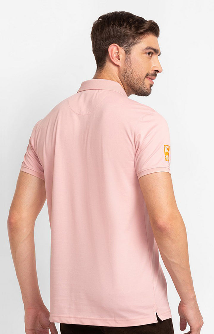 Spykar Dusty Pink Cotton Half Sleeve Printed Casual Polo T-Shirt For Men