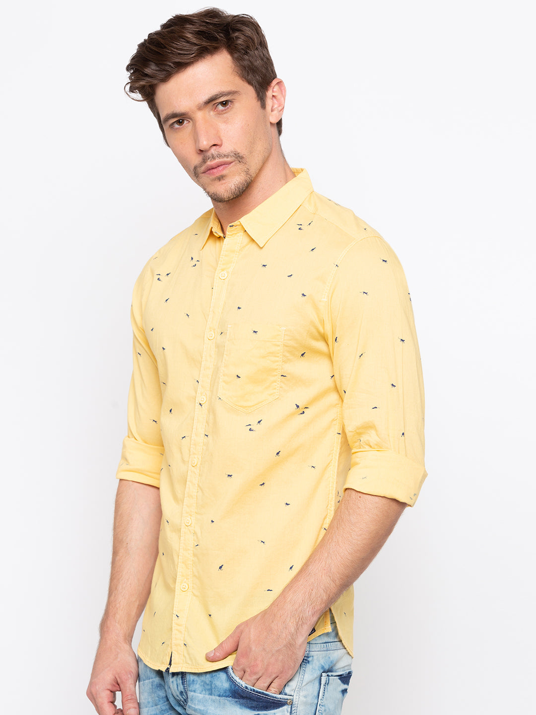 Spykar Men Yellow Printed Slim Fit Casual Shirt