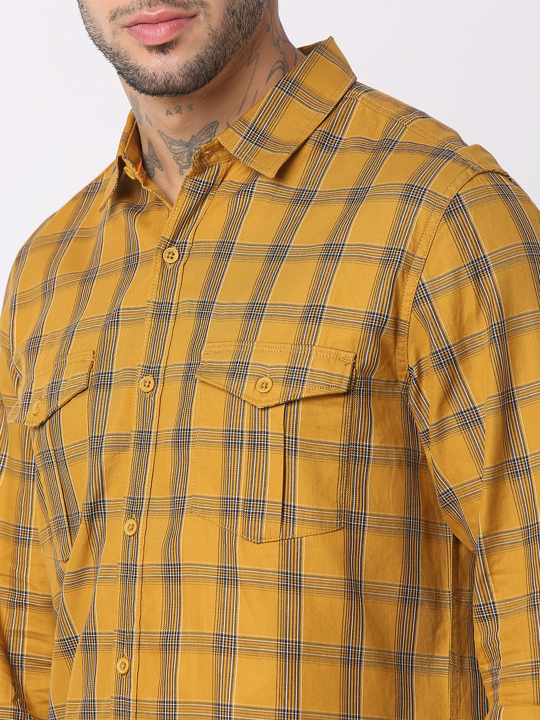 Spykar Men Golden Khaki Cotton Regular Fit Checkered Shirts