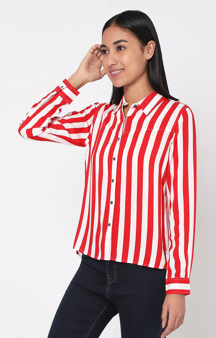 Spykar Red Viscose Striped Full Sleeve Shirts