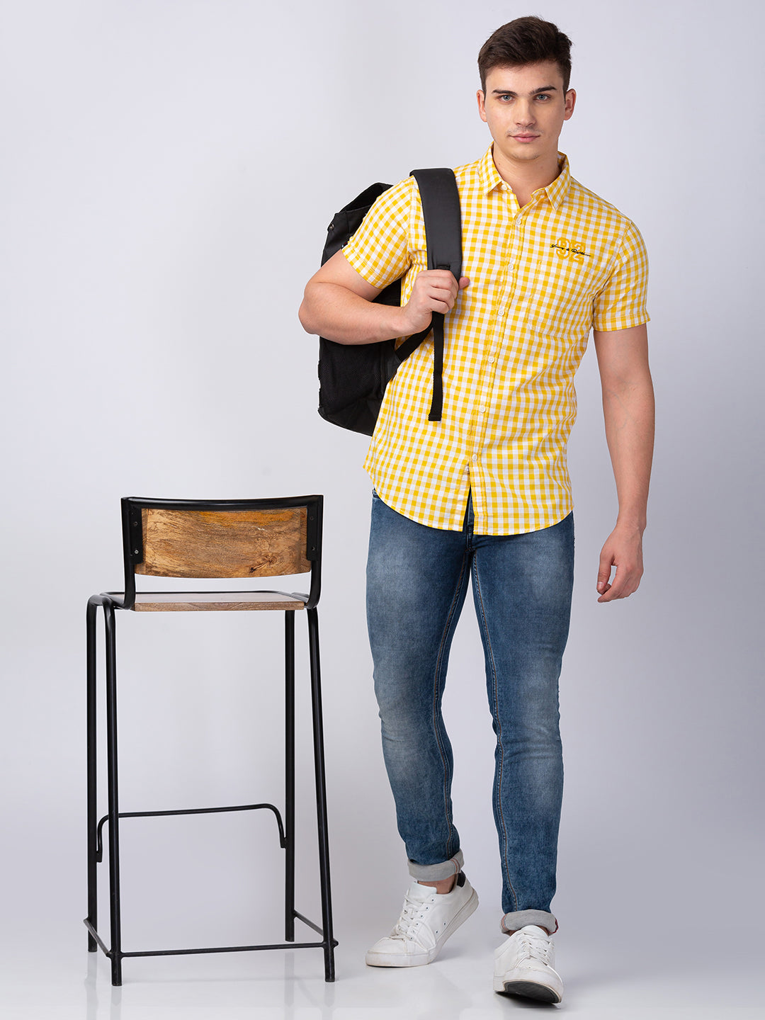 Spykar Men Yellow Cotton Slim Fit Checkered Shirt