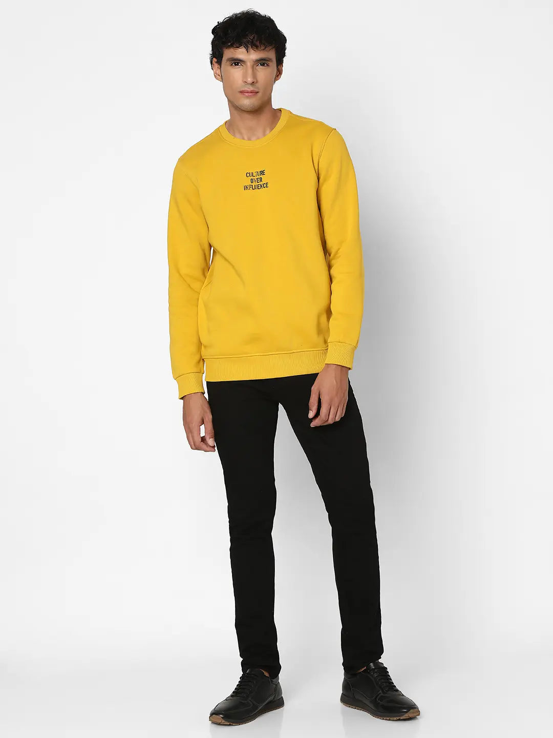 Spykar Men Sulphur Yellow Blended Slim Fit Full Sleeve Round Neck Plain Casual Sweatshirt
