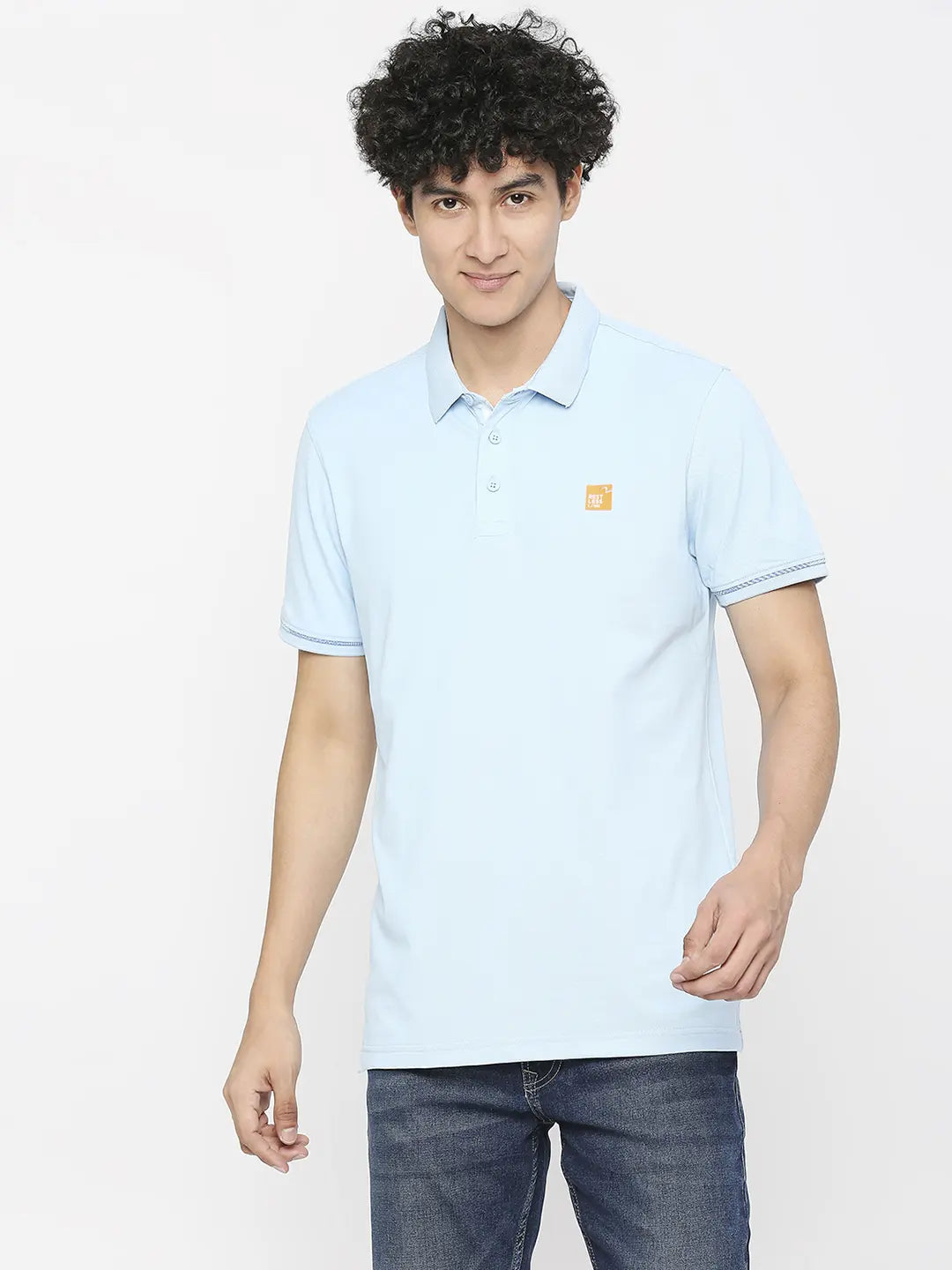 Spykar Men Powder Blue Cotton Slim Fit Polo Neck Plain T-Shirt