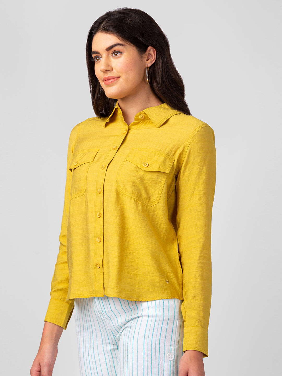 Spykar Women Mustard Polyester Regular Fit Plain Shirts