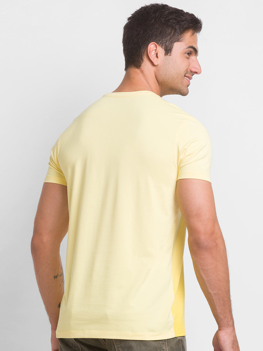 Spykar Butter Yellow Cotton Half Sleeve Printed Casual T-Shirt For Men