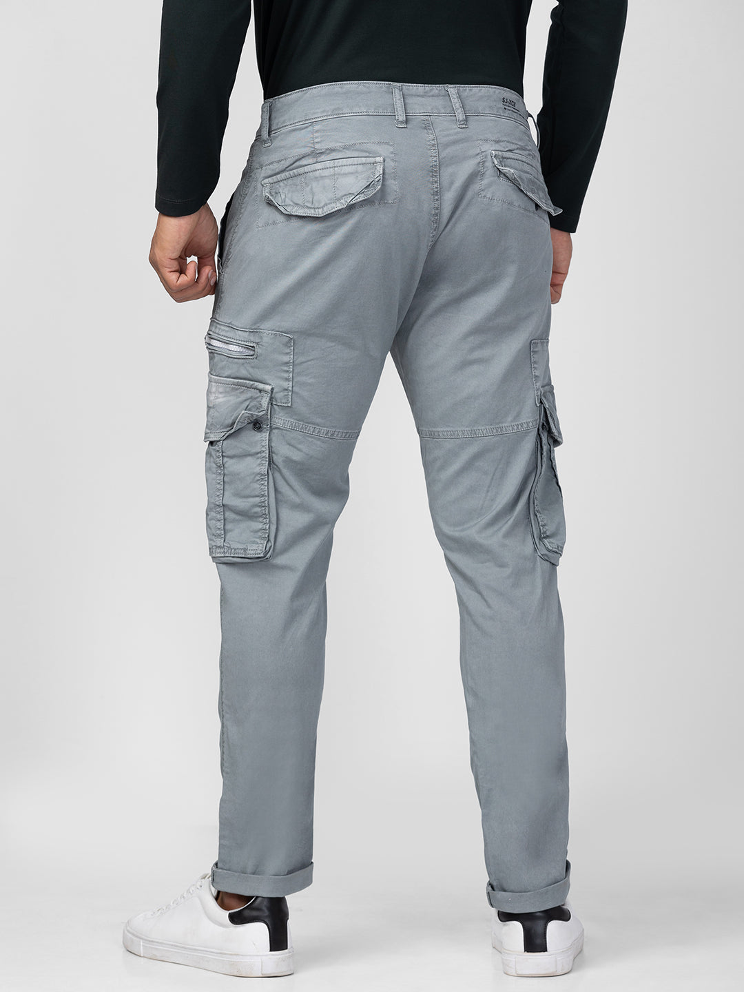 Spykar Men Light Grey Cotton Slim Fit Regular Length Trouser Cargo Pants