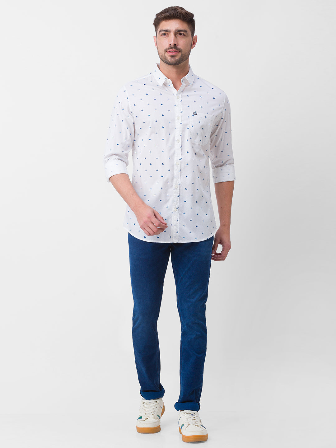 Spykar White Cotton Full Sleeve Printed Shirt For Men