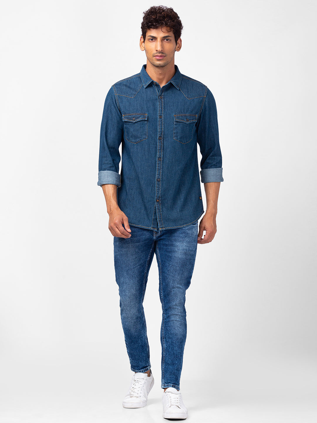 Spykar Men Dark Blue Cotton Slim Fit Denim Shirts