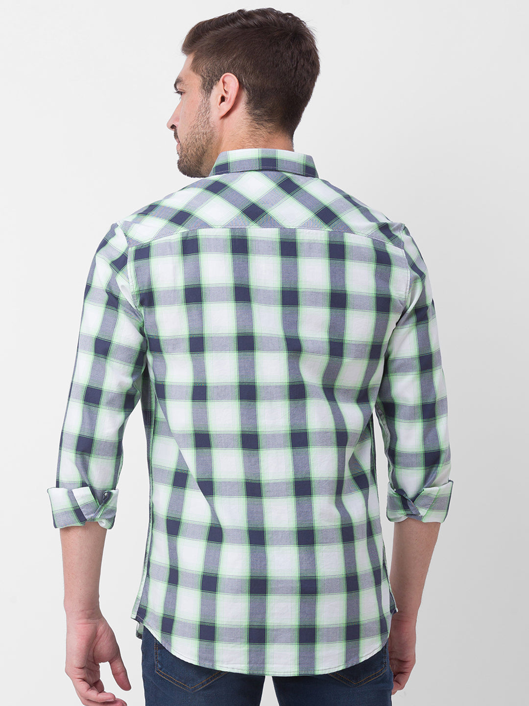 Spykar Neon Green Cotton Full Sleeve Checks Shirt For Men