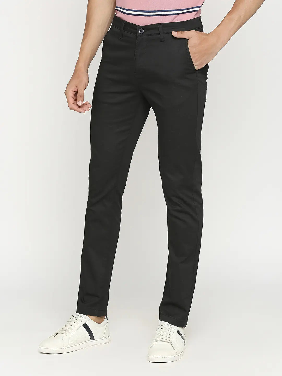 Spykar Men Black Cotton Slim Fit Ankle Length Trouser