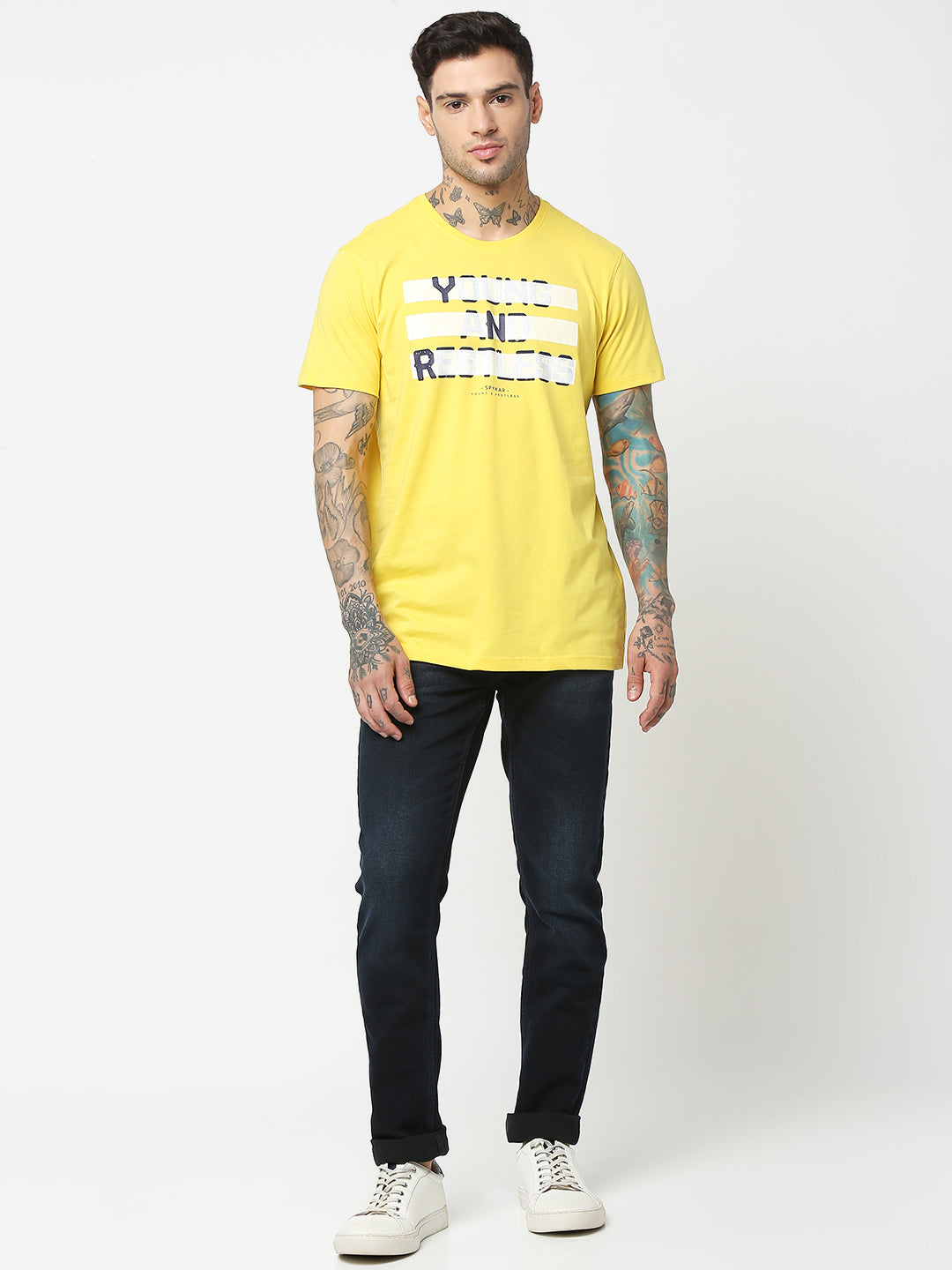 Spykar Men Yellow Cotton Slim Fit Round Neck Printed T-Shirt