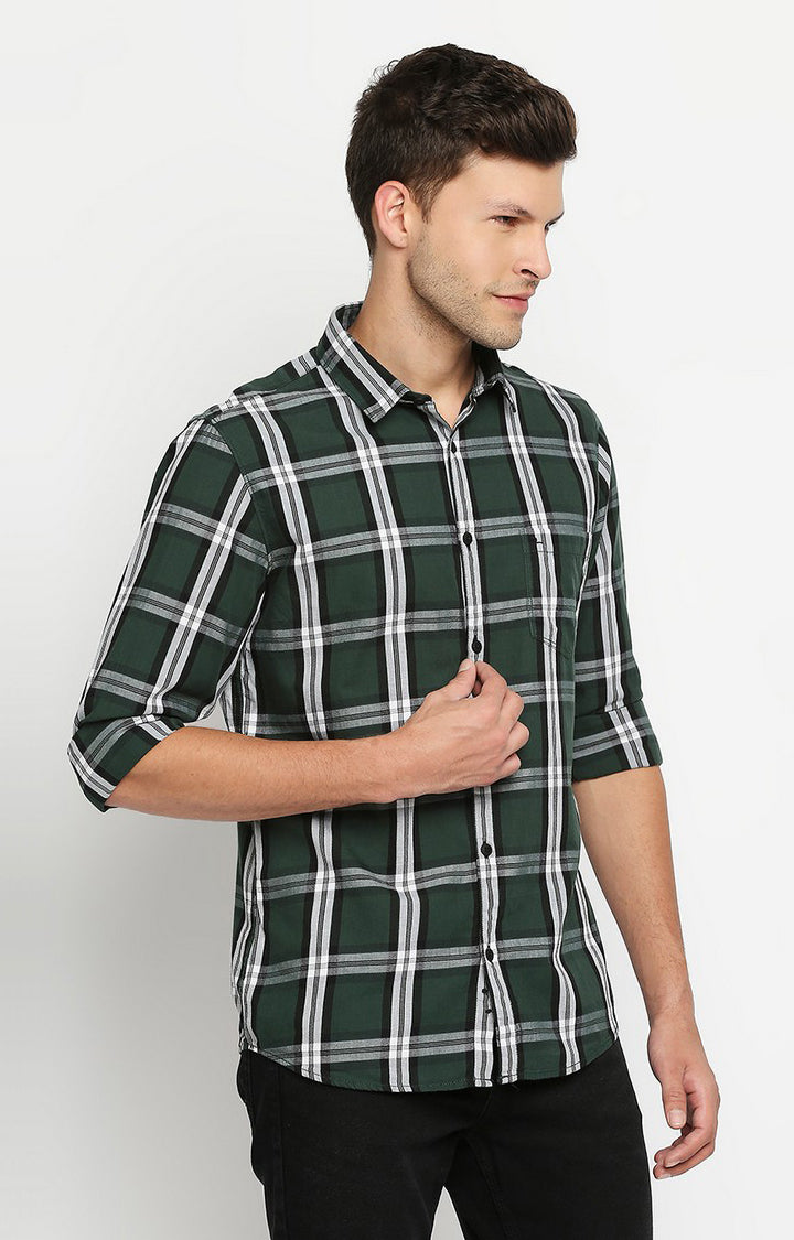 Spykar Men Green Slim Fit Full Sleeve Checkered Shirt