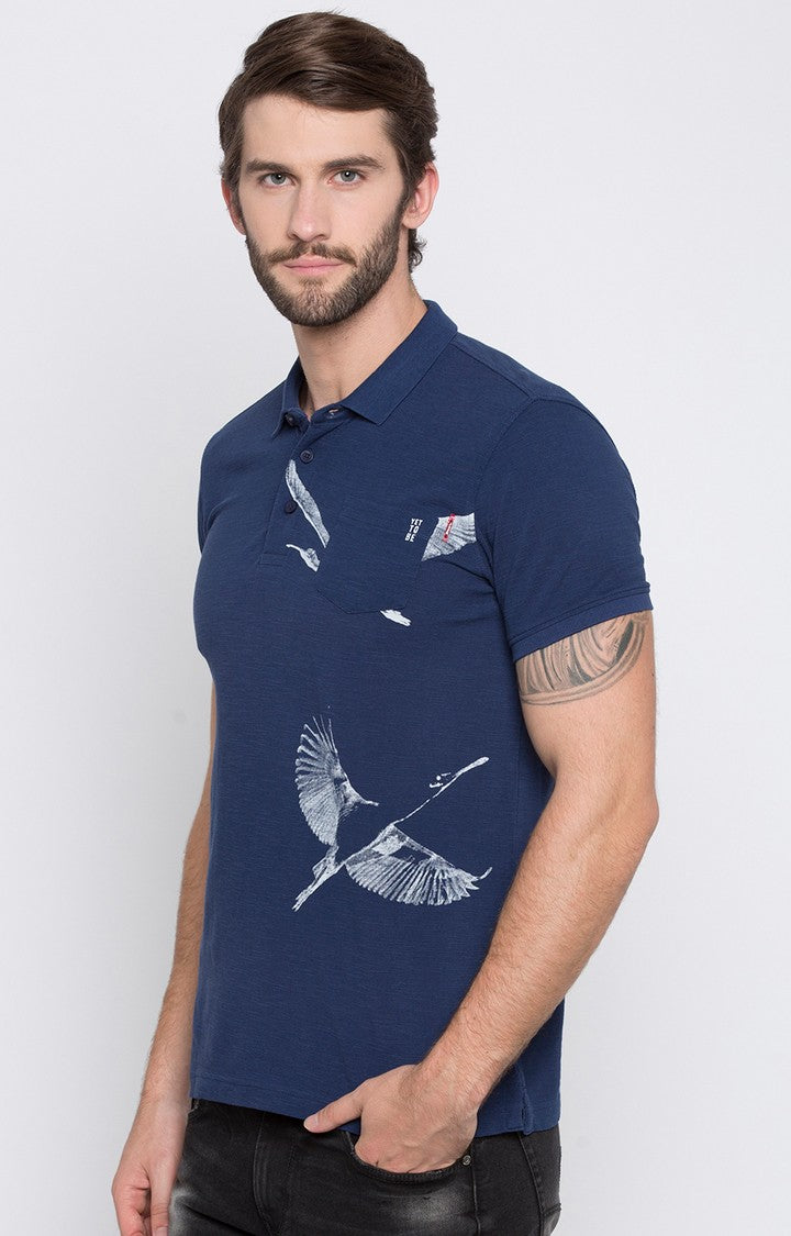 Spykar Blue Printed Slim Fit Polo T-Shirt