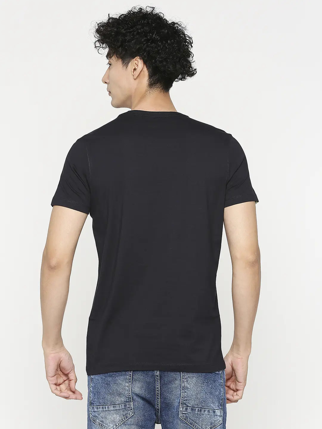 Men Premium Navy Blue Cotton Half Sleeve Printed Tshirt- Underjeans by Spykar