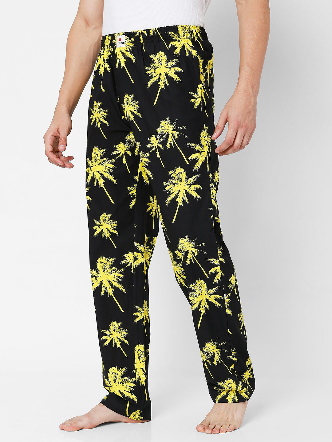 Men Premium Black & Yellow Cotton Printed Pyjama - Underjeans By Spykar