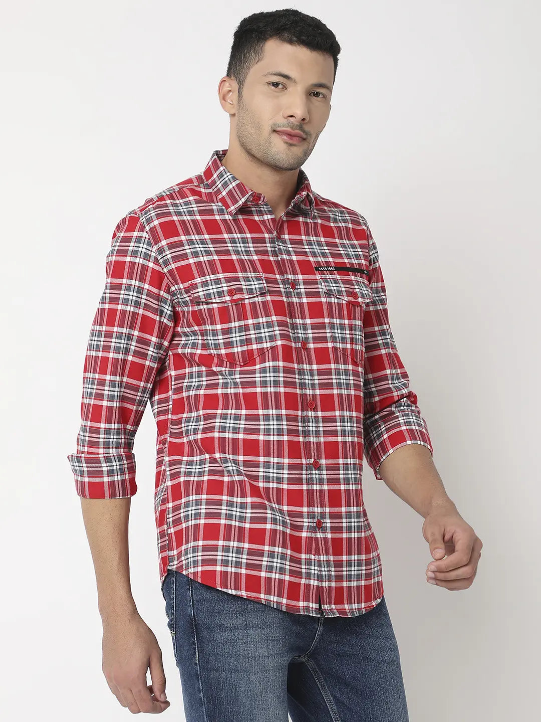 Spykar Men Red Cotton Slim Fit Checkered Shirt