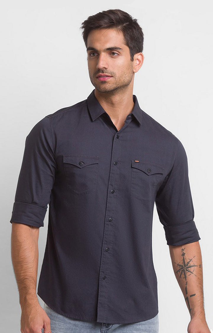 Spykar Charcoal Grey Cotton Full Sleeve Plain Shirt For Men