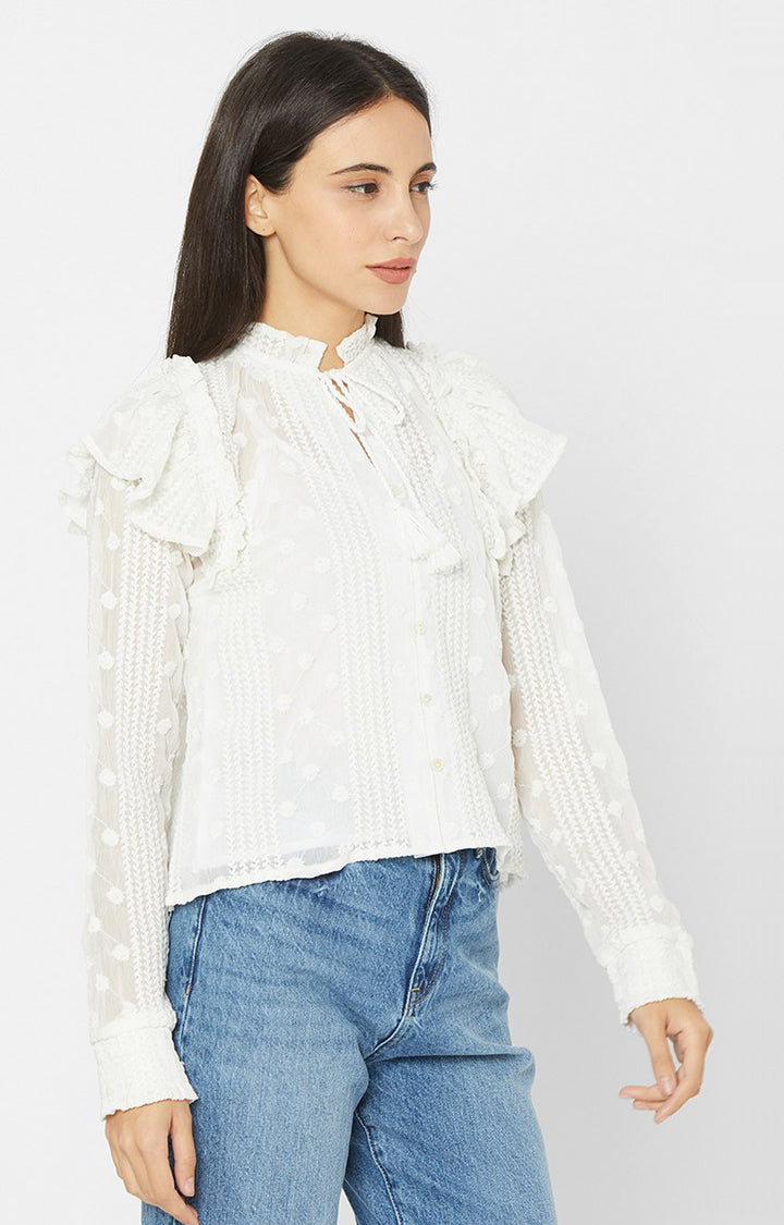 Spykar White Chiffon Casual Shirts (Regular)