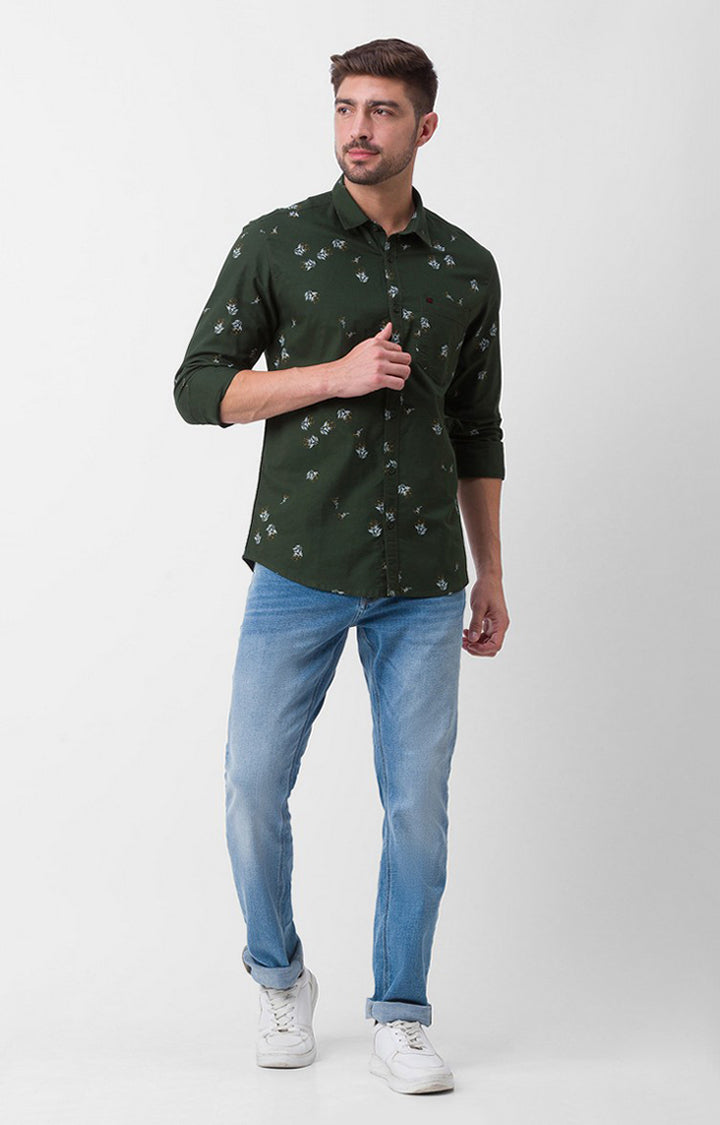 Spykar Olive Green Cotton Full Sleeve Printed Shirt For Men