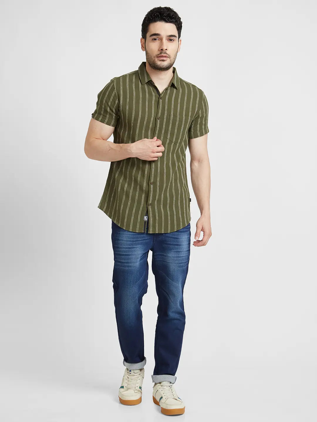 Spykar Men Military Green Cotton Slim Fit Half Sleeve Striped Shirt