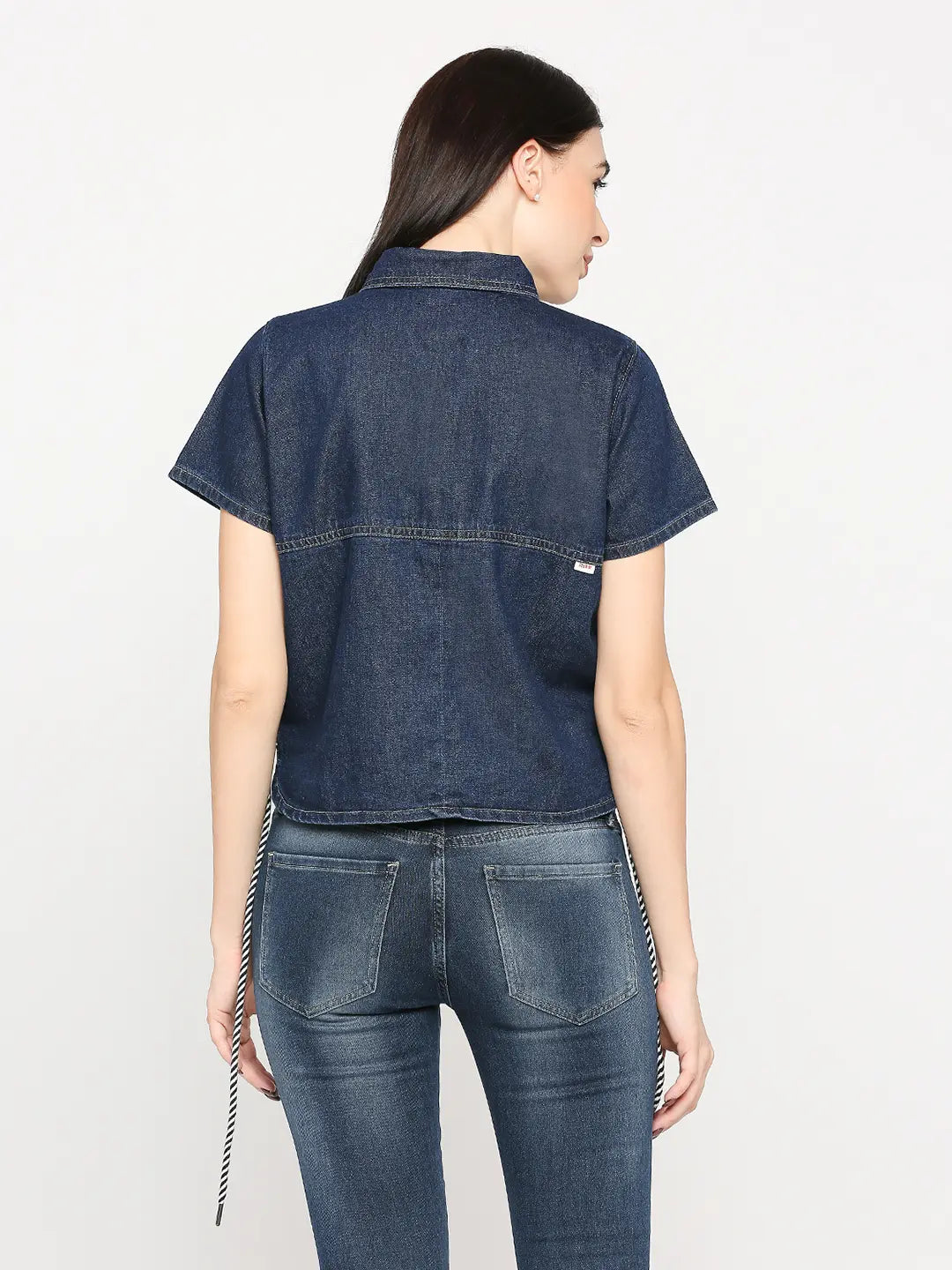 Spykar Women Dark Blue Lycra Regular Fit Denim Tshirt