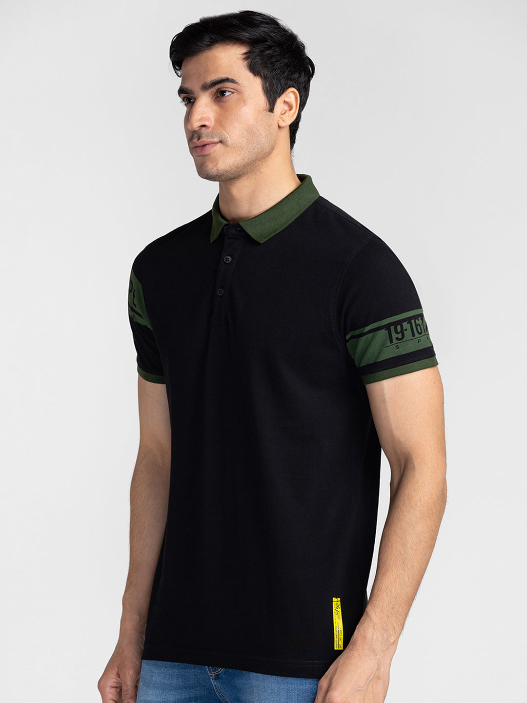 Spykar Men Black Cotton Slim Fit Polo Printed T-Shirt