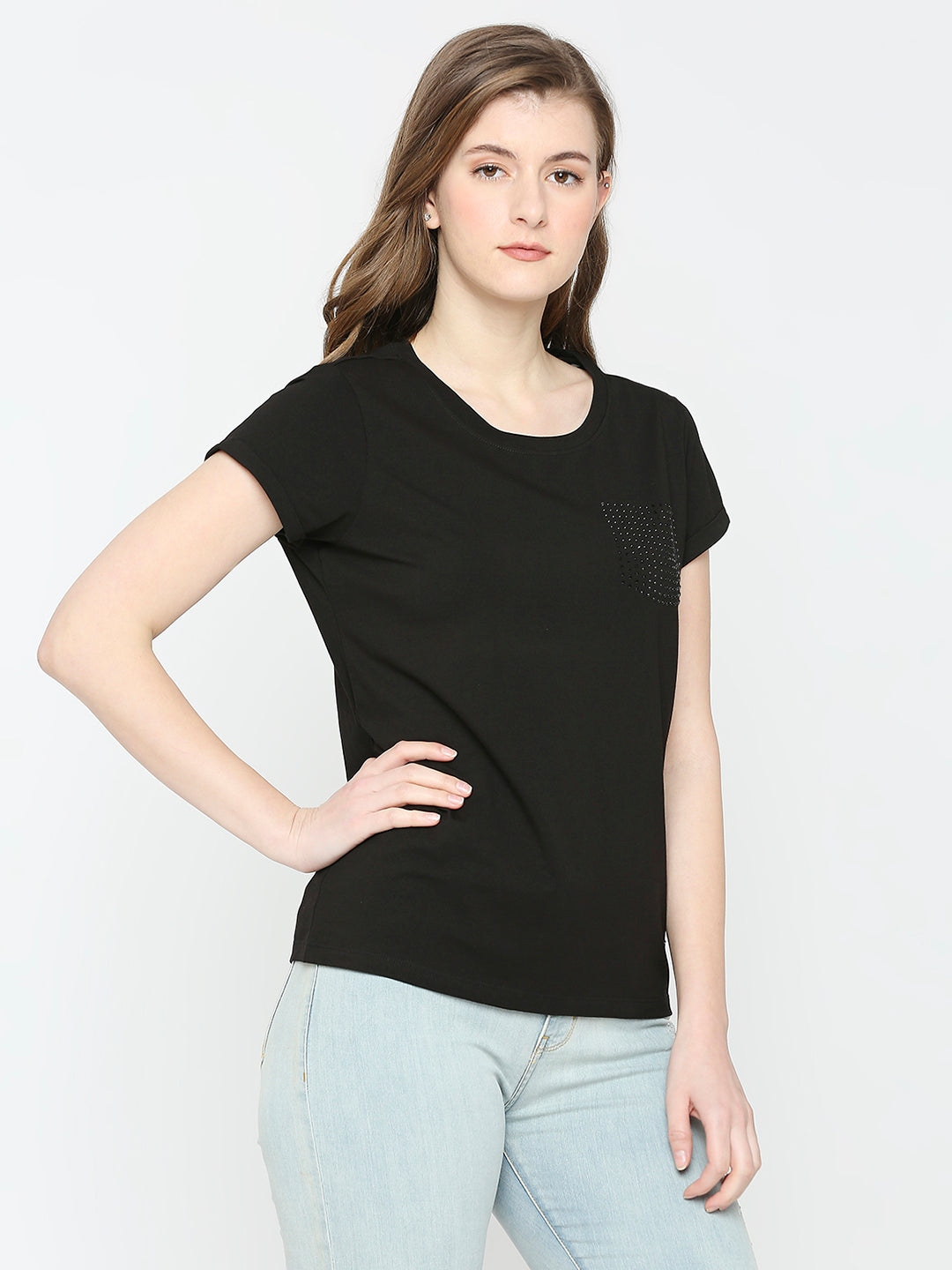 Spykar Women Black Blended Regular Fit Solid Tshirt