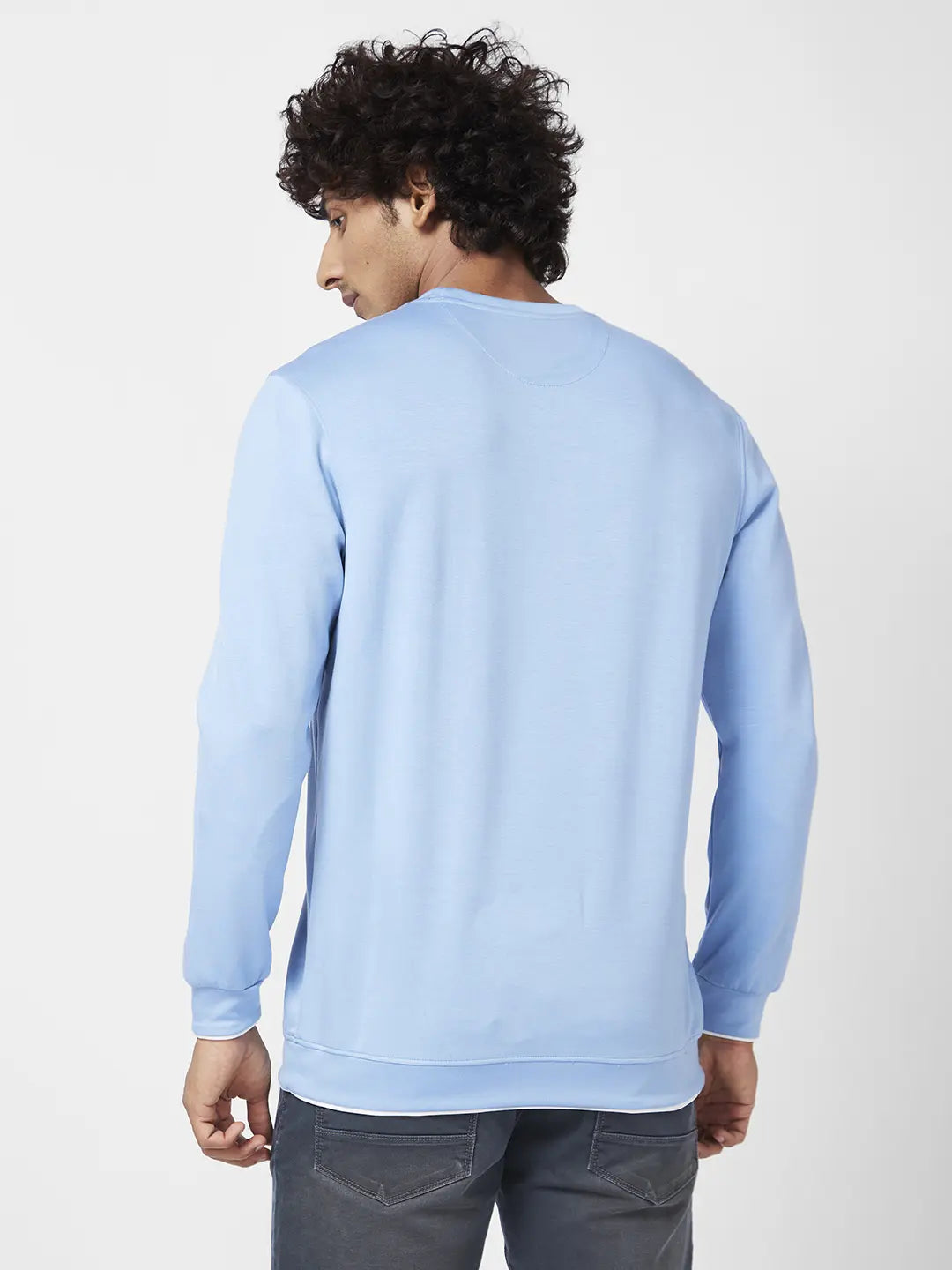 Spykar Men Powder Blue Blended Slim Fit Full Sleeve Round Neck Printed Casual Sweatshirt