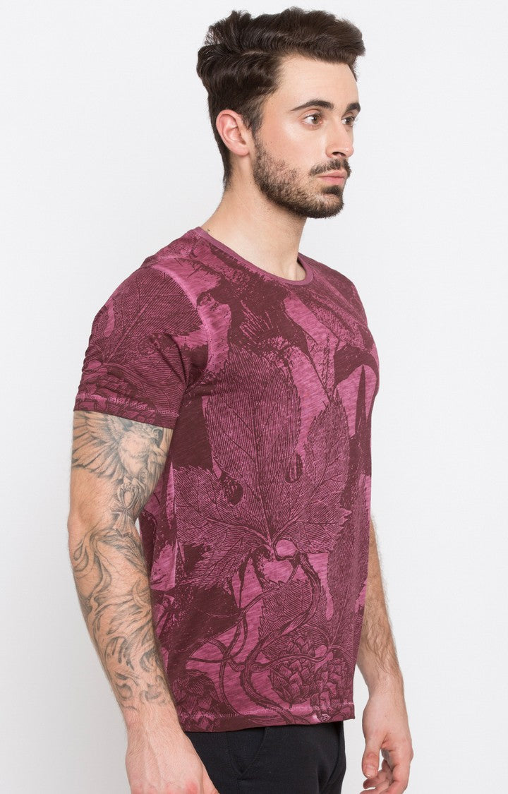 Spykar Wine Printed Slim Fit Men T-Shirts